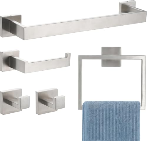 Brushed Nickel Towel Bar, SUS304 Stainless Steel Bathroom Hardware Set, Towel Racks for Bathroom Wall Mounted 16-Inches - color: Brushed Nickel（5 Piece）, size: 16 inches