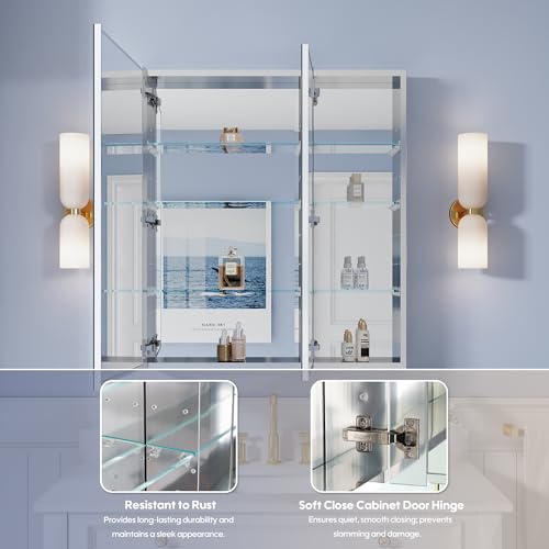 32" x 36" Bathroom Medicine Cabinet with Mirror, Anodized Chrome Aluminum Frame, Surface Mount or Recessed Medicine Cabinet with Mirror, Bathroom Mirror with Storage, Double Doors - size: 32"x36"-A
