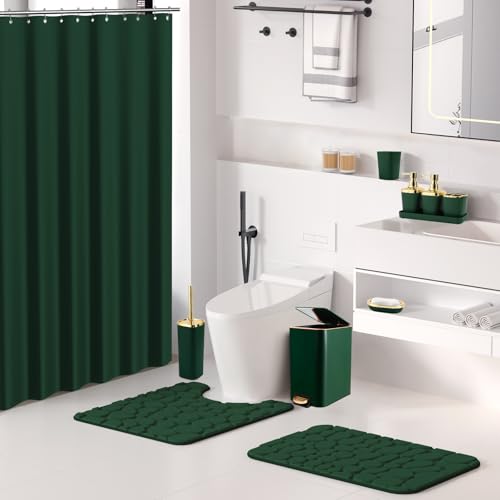 Bathroom Sets with Shower Curtain and Rugs Bathroom Accessories Set Dark Green Bathroom Set,Soap Dispenser & Toilet Brush Holder Set with Stainless Steel Trash Can(23 PCS) - size: Dark Green, style: Bath Set+Waffle Shower Curtain+Bath Rugs
