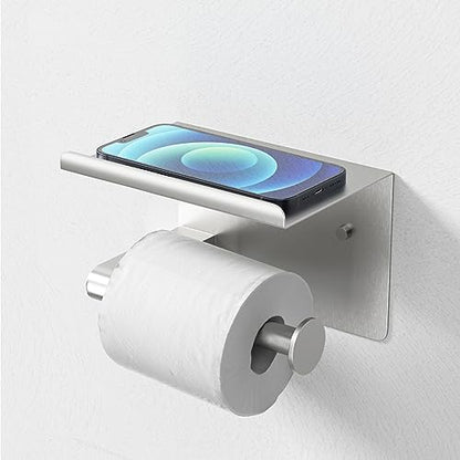 GLNLQ Brushed Nickel Toilet Paper Holder Wall Mount, Fits Mega Rolls Size Sliver Toilet Paper Holder with Shelf, Rustproof Stainless Steel Toilet Paper Roll Holder, Toilet Tissue Holder for Bathroom | Adhesive or Screw-in, Stainless Steel Material, Wall-M