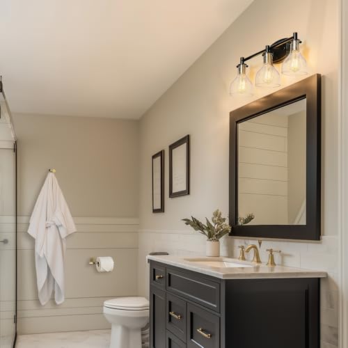 GLOBE Electric 63000062 5-Piece All-in-One Bathroom Set, Matte Black & Brass, 3-Light Vanity Light, Seeded Glass, Towel Bar, Toilet Paper Holder, Towel Ring, Robe Hook, Bathroom Lights Over Mirror - color: Matte Black, Bailey (5-Piece)