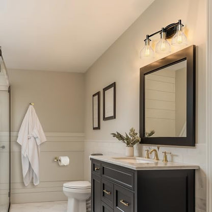 GLOBE Electric 63000062 5-Piece All-in-One Bathroom Set, Matte Black & Brass, 3-Light Vanity Light, Seeded Glass, Towel Bar, Toilet Paper Holder, Towel Ring, Robe Hook, Bathroom Lights Over Mirror - color: Matte Black, Bailey (5-Piece)