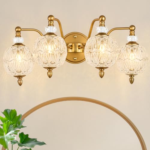 Vintage Bathroom Vanity Light, 4-Light Mid Century Matte Brass Finish Wall Sconce with Globe Glass Shades, Retro Mirror Light for Bathroom, Powder Room - color: Brass, size: 4 Light