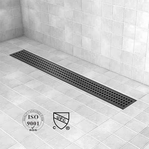 32 Inch Offset Linear Shower Drain,Black SUS304 Stainless Steel | Offset Side Outlet,Matte Black,Easy to install,ADA Barrier-Free,Tile-In Grate,Hair Catcher,Leveling Feet,Complete Install Kit - color: Matte Black, size: 32 inch