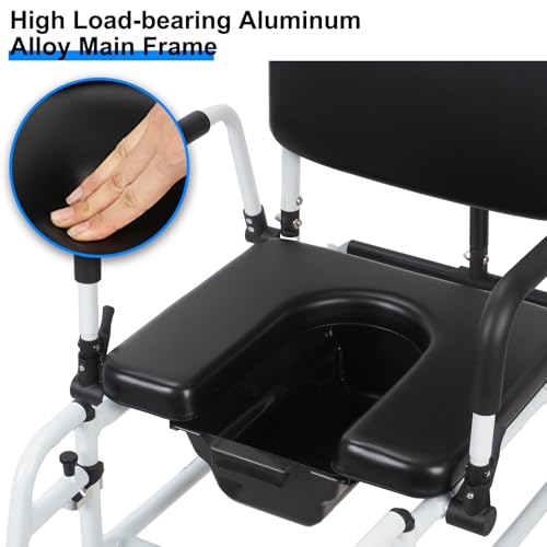 Reclining Shower Chair with Wheels,Commode Wheelchair Toilet Chair | Padded Transfer Chair with Headrest, Flip-up Armrests & Foot Rests, Tilt Rolling Wheelchair for Elderly, Disabled, Handicap