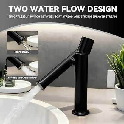 360° Rotatable Bathroom Sink Faucet, Bathroom Faucets 1 Hole 2 Water Outlet Modes, Single Handle Bathroom Faucets with Hot and Cold Hoses - color: Black
