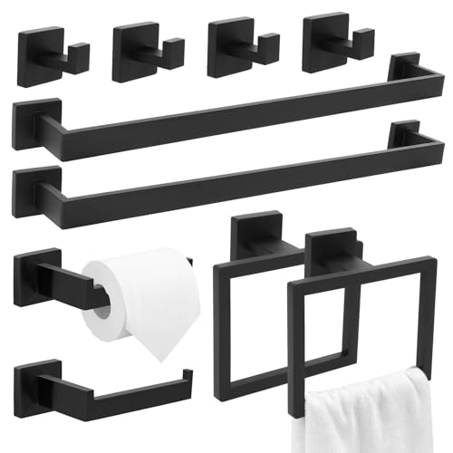 10 Pcs Matte Black Bathroom Hardware Accessories Set 23.6 Inch Wall Mounted | Bath Towel Bar Kit with Square Towel Racks Ring and Towel Hooks, Paper Holder, 304 Stainless Steel - color: Black