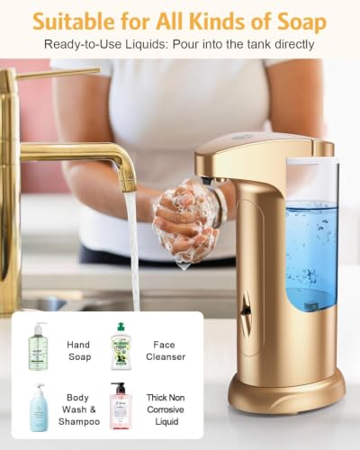 2 Pack Automatic Soap Dispenser for Bathroom Kitchen Home, Gold | 370ml Touchless Dish Soap Dispenser with Infrared Sensor, Battery Operated, 3 Dispensing Levels, Liquid Dispenser