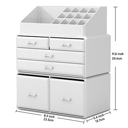 READAEER Makeup Organizer 3 Pieces Cosmetic Storage Case with 6 Drawers (White) - color: White