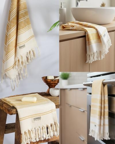 DEMMEX Organic Cotton Turkish Hand Towels for Bathroom & Kitchen – 100% Oeko-TEX Certified Turkish Cotton, Quick Dry Lightweight Hand Towels, Diamond Weave, Large 18x36 Inches, Set of 2, Mustard - color: Mustard