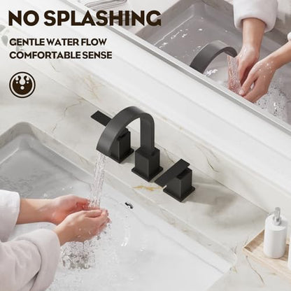 8 Inch Widespread Waterfall Matte Black Bathroom Faucet,3 Hole Vanity Faucet with Pop Up Drain and Water Supply Line, WF011-MB - color: Matte Black-8 IN
