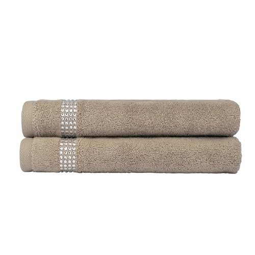 Stripe Fingertip Towel (Set of 2), 100% Turkish Cotton, Glass Rhinestones, 13", Machine Washable, Taupe - color: Taupe