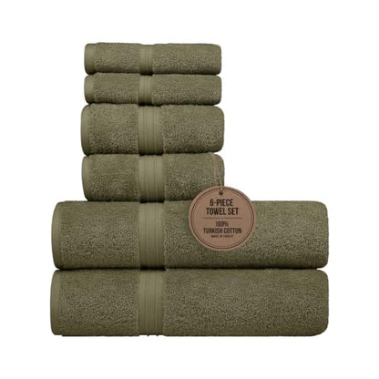 6 Pack Cotton Towel Set - Luxury & 100% Cotton - Hotel and Spa Quality, Absorbent, Includes 2 Bath Towel (28" x 56"), 2 Hand Towels (16"x28") and 2 Wash Cloths (12"x12") - Army Green - color: Army Green, size: 6-Piece Bath Towel Sets