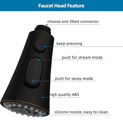 Universal Kitchen Faucet Head, 3 Modes, 15 Adapter Kit, Oil Rubbed Bronze | NSF/ANSI/CAN 372 Certified, Compatible with Kohler/Moen/Delta, 3 Function Pull Down Sink Faucet Spray Head Replacement, G1/2 - color: Oil Rubbed Bronze