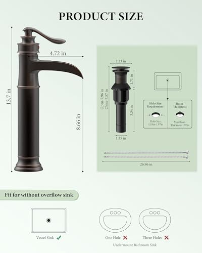 Waterfall Vessel Sink Faucet Brass Single Handle 1 Hole | Bathroom Sink Faucet with Pop Up Drain Without Overflow Oil Rubbed Bronze Tall Bathroom Faucets Homevacious - color: Oil Rubbed Bronze