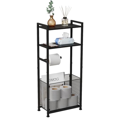 Free Standing Toilet Paper Holder Stand with Shelf, Bathroom Tissue Storage Stand Toilet Roll Dispenser Storage Rack for Phone, Wet Wipe, Bathroom Storage and Organizer Shelf for Small Space
