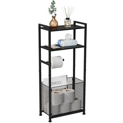 Free Standing Toilet Paper Holder Stand with Shelf, Bathroom Tissue Storage Stand Toilet Roll Dispenser Storage Rack for Phone, Wet Wipe, Bathroom Storage and Organizer Shelf for Small Space