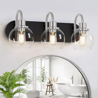 Dpyrrhic Modern 3-Light Vanity Light, Bathroom Lighting Fixture Over Mirror With Clear Glass Shade and Metal Base, Matte Black and Brushed Nickel - color: Black & Brushed Nickel, size: 3-Light