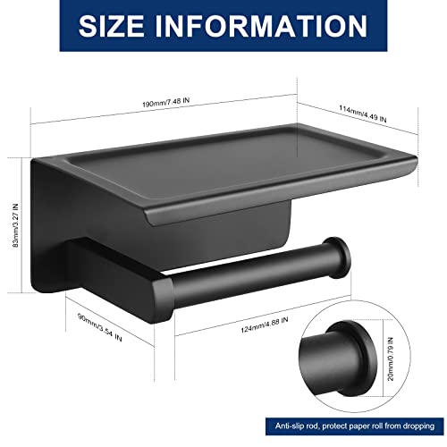 NearMoon Toilet Paper Holder with Shelf, Heavy Duty Bath Toilet Roll Holder with Phone Shelf Tissue Hanger for Bathroom/Kitchen No Drill or Wall Mounted(304 Stainless Steel, Matte Black) - color: Matte Black