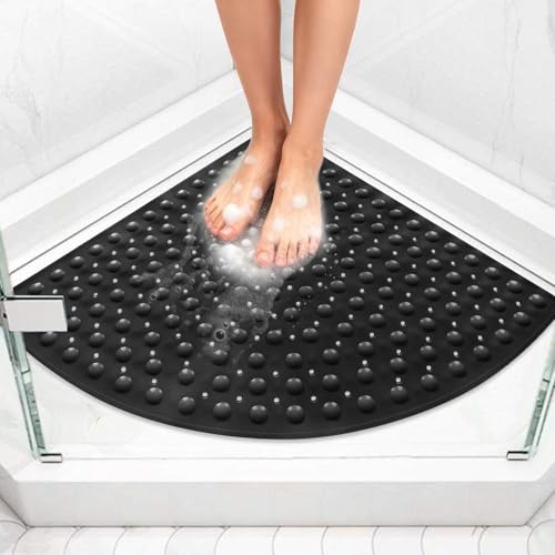 Shower Mat Non Slip: 27.5 X 27.5 Inch Large Corner Shower Mats for Inside Shower - Soft TPE Shower Floor Mat Anti Slip - color: Black, size: 27.5" x 27.5" (Triangular)