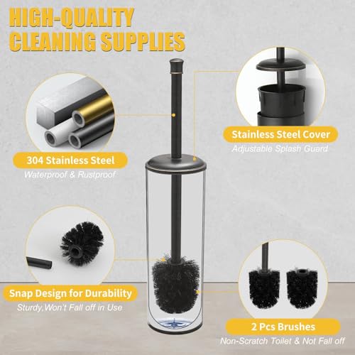Toilet Brush and Holder, Toilet Cleaner Bowl Set with Two Brush with Extra Long Handle, Durable Bristles Toilet Scrubber and Covered Holder, Drip-Proof Stainless Steel Oil Rubbed Bronze - color: Oil Rubbed Bronze
