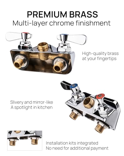 4" Center 8" Spout Commercial Wall Mount Sink Faucet for Restaurant & Bar | Solid Brass with Chrome Finish, 1.8 GPM Stainless Swivel Spout, Leak-Free Washerless Ceramic Cartridge Valve, 1/2" NPT Male - size: 4" center 8" spout