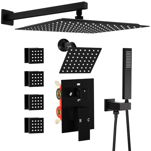 Enga Dual Shower Head System with Body Jets, 12"+ 6" Wall Mounted Dual Rain Shower Faucet with Valve Kit, Matte Black - color: Matte Black, style: Wall-12"+6"+Jets