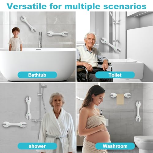 GRONIVEX Indicator Grab Bars for Bathtubs and Showers, No-Tool Installation Removable Suction Cup Handrails – Ideal Bathroom Safety for Seniors, Pregnant Women, and Disabled, White and Gray (2-Pack)