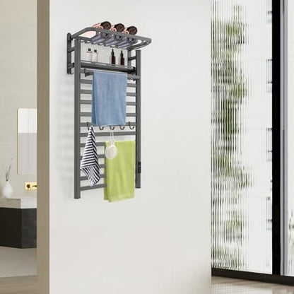 Electric Towel Warmer Rack, 12-Bar Wall Mounted Heated Towel Rack with Smart Touch Screen & Timer, IPX4 Waterproof Aluminum for Bathroom, Plug-in/Hardwired, Grey