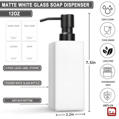 GMISUN White Soap Dispenser, Bathroom Hand Soap Dispenser, Glass Dispenser with Stainless Steel Pump, Kitchen Hand and Dish Soap Dispensers, 12 fl oz/350ml Liquid Refillable Soap and Lotion Bottle - color: White Bottle + Black Pump