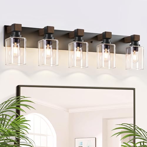 Farmhouse Black 5-Light Bathroom Vanity Light, Square Glass Shade | Vintage Rustic Design, Wood Grain Finish, Matte Black Metal, Wall Mount Over Mirror Lighting Fixtures for Bathroom Restroom - size: 5-Light
