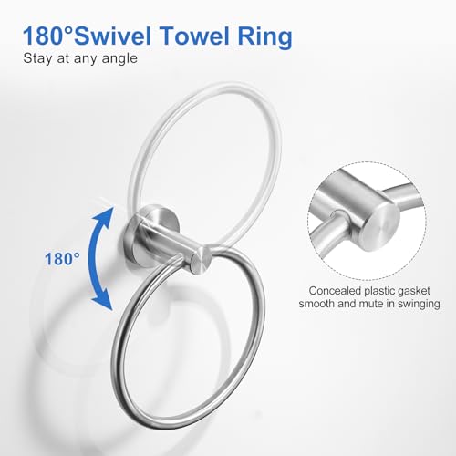 RUMOSE Brushed Nickel Bath Towel Ring Heavy Duty Round Hand Towel Holder Hanger for Bathroom & Kitchen, Stainless Steel Drill Free with Glue or Wall Mounted with Screws