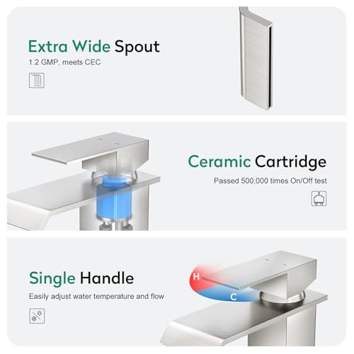CREA Waterfall Bathroom Faucet 1 Hole,Brushed Nickel Bathroom Faucet Single Handle Bathroom Sink Faucet with Pop Up Drain Stopper/ 3 Hole Plate,Stainless Steel RV Vanity Faucet Basin Mixer Tap - color: Brushed, style: Wide Spout