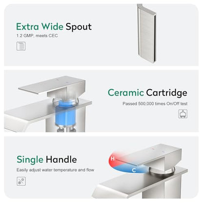 CREA Waterfall Bathroom Faucet 1 Hole,Brushed Nickel Bathroom Faucet Single Handle Bathroom Sink Faucet with Pop Up Drain Stopper/ 3 Hole Plate,Stainless Steel RV Vanity Faucet Basin Mixer Tap - color: Brushed, style: Wide Spout