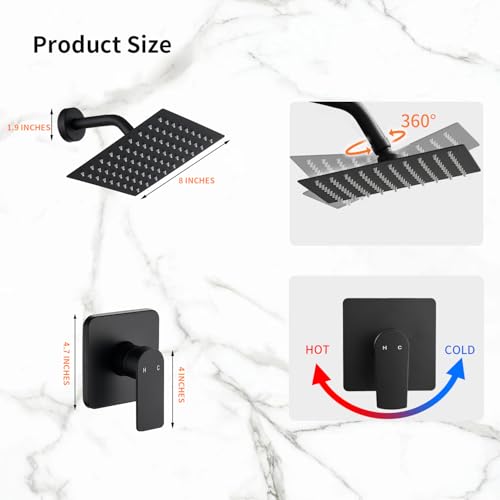 Black Shower Faucet Single Function Trim Kit with Rough-in Valve Set Bath Rainfall Shower System 8inch Square Stainless Steel Metal Shower Head - color: Matte Black