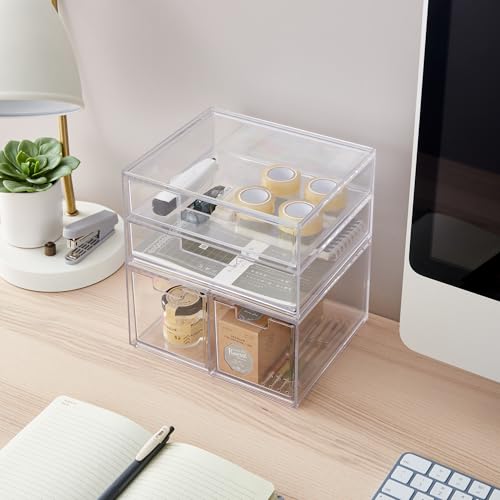 STORi Stackable Desk Organizer Drawers, Clear Pen Pencil Makeup Brush Holder for Desktops and Vanities, 4 Multi-size Drawers (Made in USA) - style: Combo Drawer Set