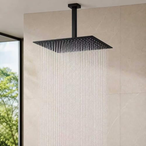 Black Rainfall Shower Head BSTIIU 16 Inch Square Ceiling Mounted Showerhead, Ultra Thin Stainless Steel Overhead Shower Head, Matte Black - color: Matte Black, size: 16-Inches, style: Square