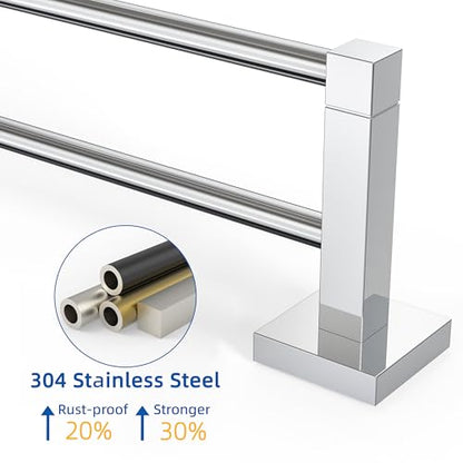 RUACQ Double Towel Bar 24" Towel Racks for Bathroom Wall Mounted Chrome | One-Piece Bath Towel Holder, Total Length 26 Inch Single Towel Rod, 304 Stainless Steel Rustproof, Square Base, Heavy Duty - color: Chrome, size: 24 inch(Center to Center) Double Ba