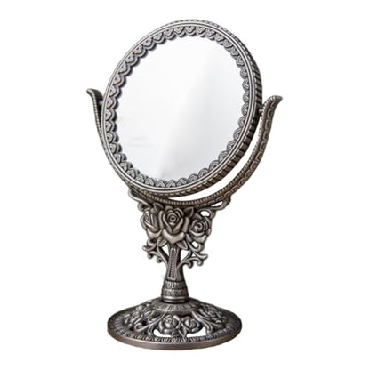 European Style Dressing Table Mirror Antique Rotating Cosmetic Mirror Oval Dressing Mirror Swivel Double Sided for Bedroom, round rose