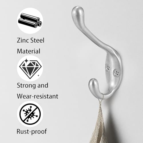 Coat Hooks 5 Pack-Heavy Duty Wall Mounted Brushed Nickel Door Hooks Double Prong Hooks for Hanging Clothes/Towels/Key-Suitable for Bedroom/Bathroom/Entryway - color: Brushed Nicekl