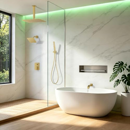 Rain Shower System with Rough-in Valve, Ceiling Mount Shower Faucet Set with 12" & 6" Dual Rain Shower Heads, 2-in-1 Handheld Shower, Tub Spout, 4-Function Complete Shower Fixture,Brushed Gold - color: Brushed Gold, size: Ceiling Mount-12"+6" head with Tu