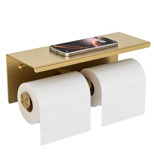 FORIOUS Toilet Paper Holder with Shelf, Commercial Toilet Paper Dispensers | Brushed Gold | Wall Mount Bathroom Tissue Holder | SUS304 Stainless Steel Rustproof | Double Tissue Roll Holder - color: Brushed Gold