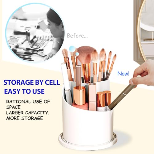Makeup Brush Holder with Lid, 360 Rotating Multifunction Clear Dustproof Skincare Cosmetic Tools Storage Organizer for Vanity Desktop Bathroom Countertop (White) - color: White