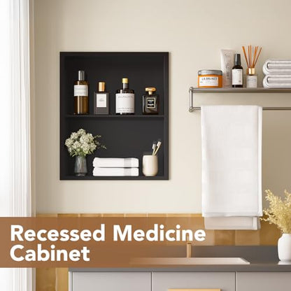 14x18 Recessed Medicine Cabinet, Bathroom Wall Cabinet, 304 Stainless Steel Recessed Wall Niche with 2-Tiers Shelves, Matte Black - color: Matte Black, size: 14'' x 18''
