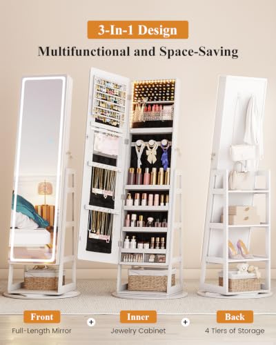 Standing Jewelry Cabinet Mirror with Adjustable LED Light White | 63" Lockable Jewelry Armoire Organizer with 4 Rear Shelves & Hooks, 360° Swivel, for Bedroom, Living Room, Women Girls Gift - color: White 1