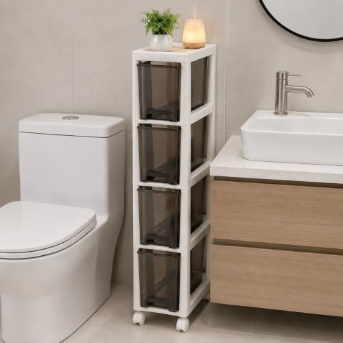 Huwena Plastic Slim 4 Drawers Narrow Storage Cart 28" x 15" x 7.5" Bathroom Narrow Drawer Cabinet with Wheel Container for Small Space Laundry Kitchen Office Bedroom Closets Under Desk