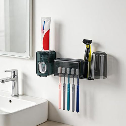 5 Slots Wall Mount Toothbrush Holder with Cover, Self Adhesive Toothbrush Storage Organizer for Shower, Toothbrush Cup Hanger with Automatic Toothpaste Squeezer Dispenser - color: Gray Combination