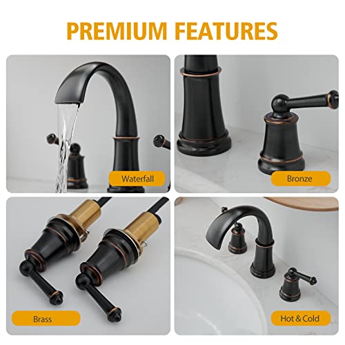 Widespread 8 inch Oil Rubbed Bronze Bathroom Faucet, Two Handles 3 Holes Sink Faucet Waterfall Spout Lavatory Basin Faucets, Vanity Bathroom Sink Faucet with Supply cUPC Lines
