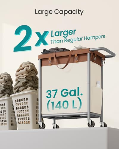 SONGMICS Laundry Basket with Wheels, 2-Section, 37.0 Gallons (140 L) | Rolling Laundry Hamper, Removable Liner, Steel Frame with Handle, 27.2 x 15.4 x 31.9 Inches, STEVIE Collection URLS004KQ02 - color: Coffee Brown + Cream White, size: 140 L (2-Section)