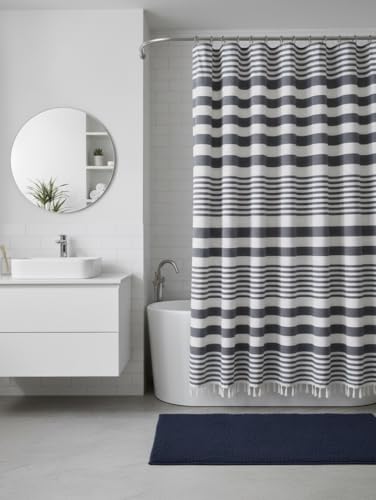 Blue and White Striped Cotton Fabric Shower Curtain with Fringe for Bathtub or Shower, Machine Washable Bath Curtain, 72 x 72 Inch, Margot Denim - color: Margot Denim